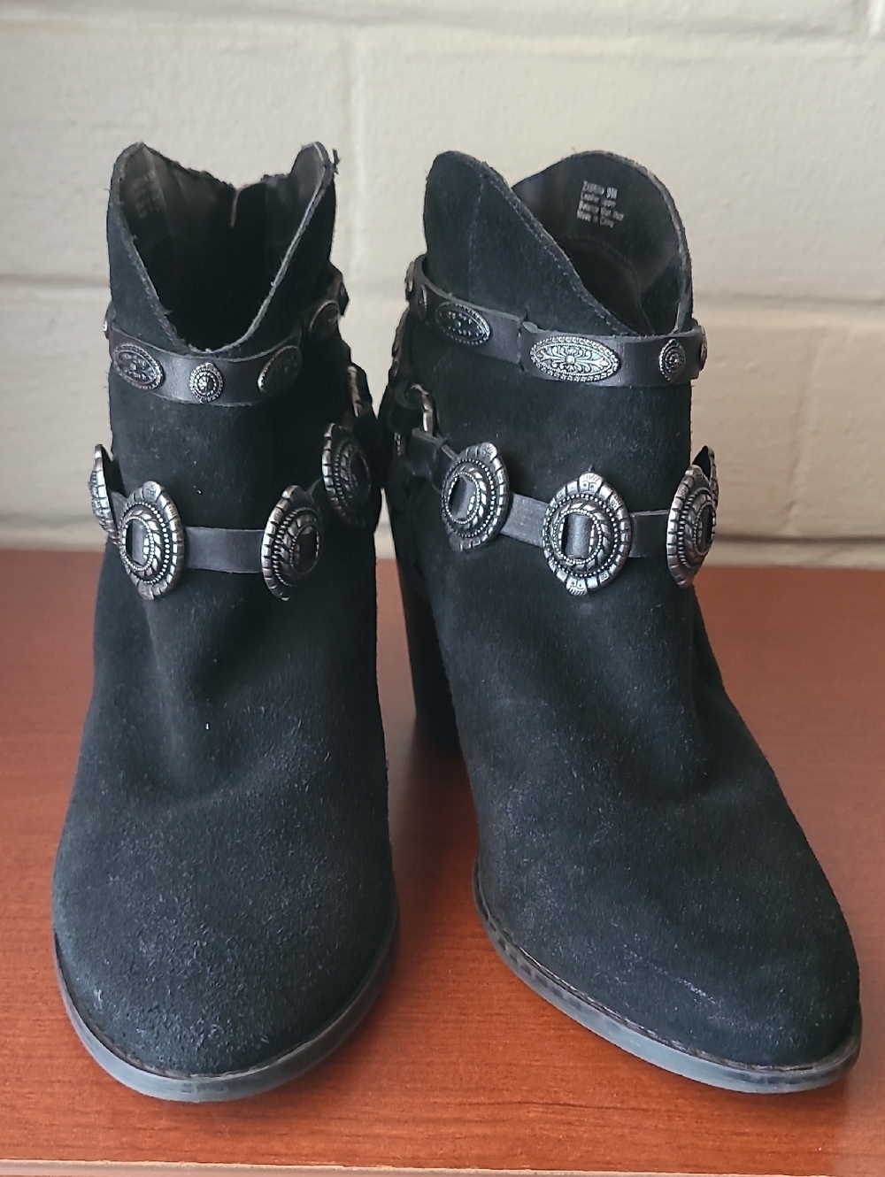 Reba Zabrina Black Suede Ankle Booties with Silver Concho Straps